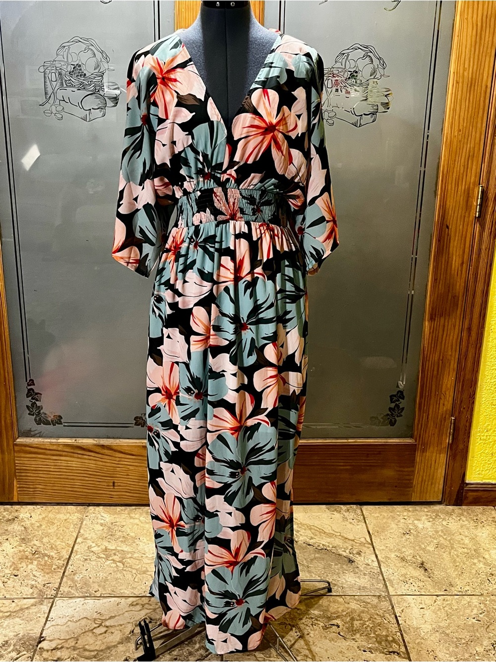 Floral V-Neck Maxi Dress - Black with Pink & Teal Floral